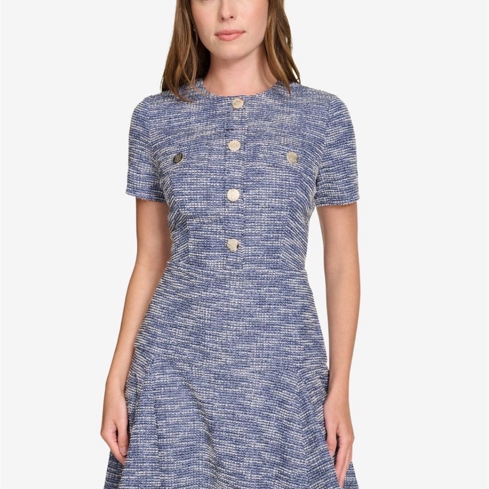 Tommy Hilfiger Blue Tweed Short-Sleeve Mini Dress